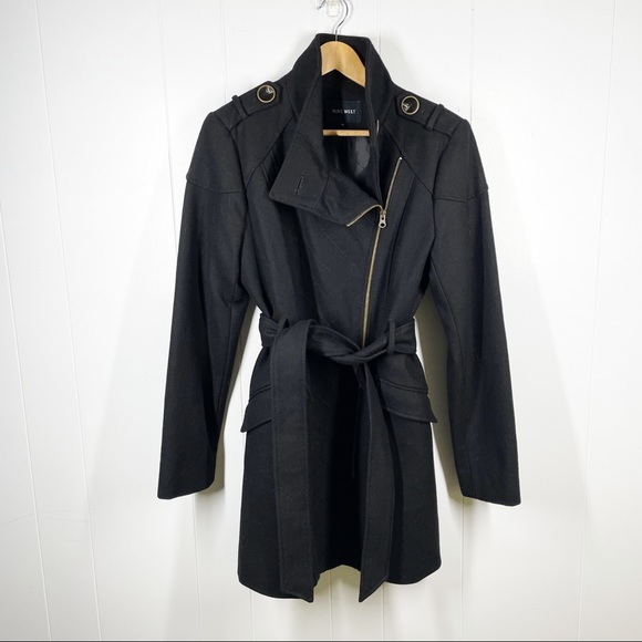 Nine West Black Belted Asymmetrical Zip Long Sleeve Trench Coat Size 10